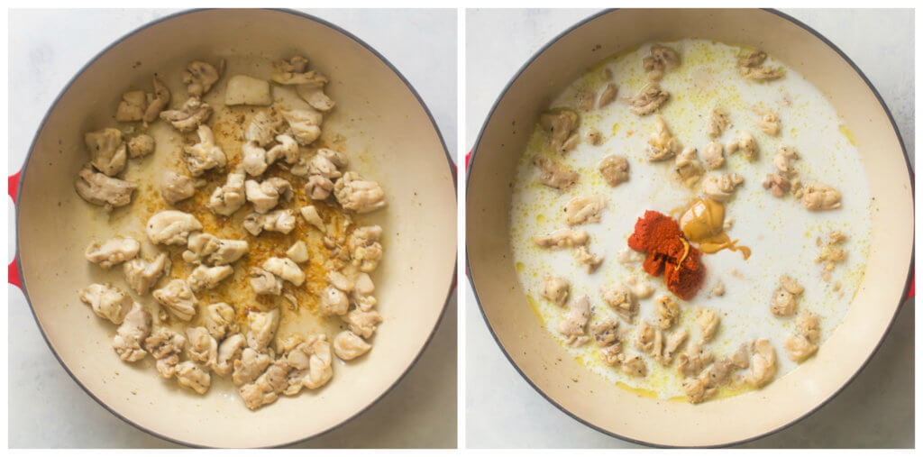 Chicken in saute pan with red curry paste and coconut milk