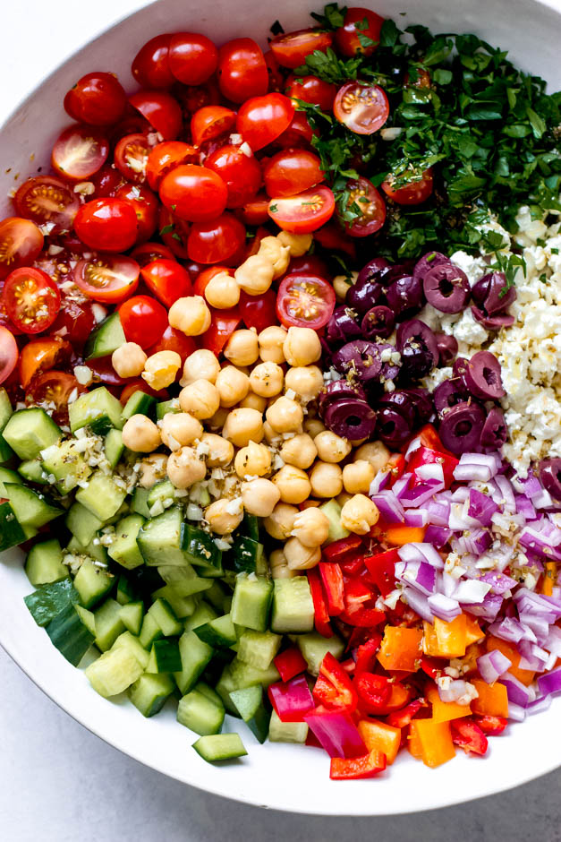 Close up side view greek salad