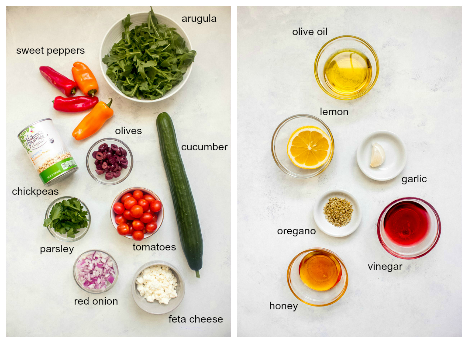 Ingredients for greek chickpea salad with arugula