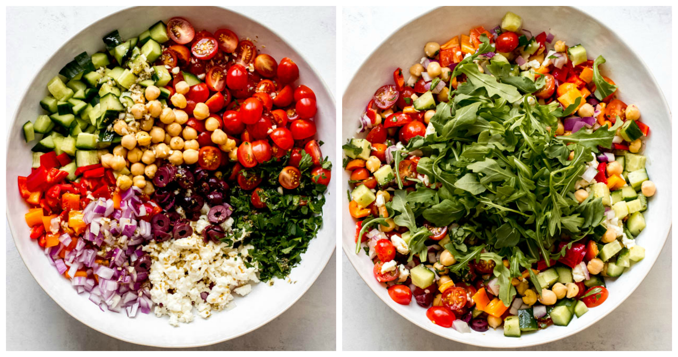 Chickpea salad in white bowl with arugula