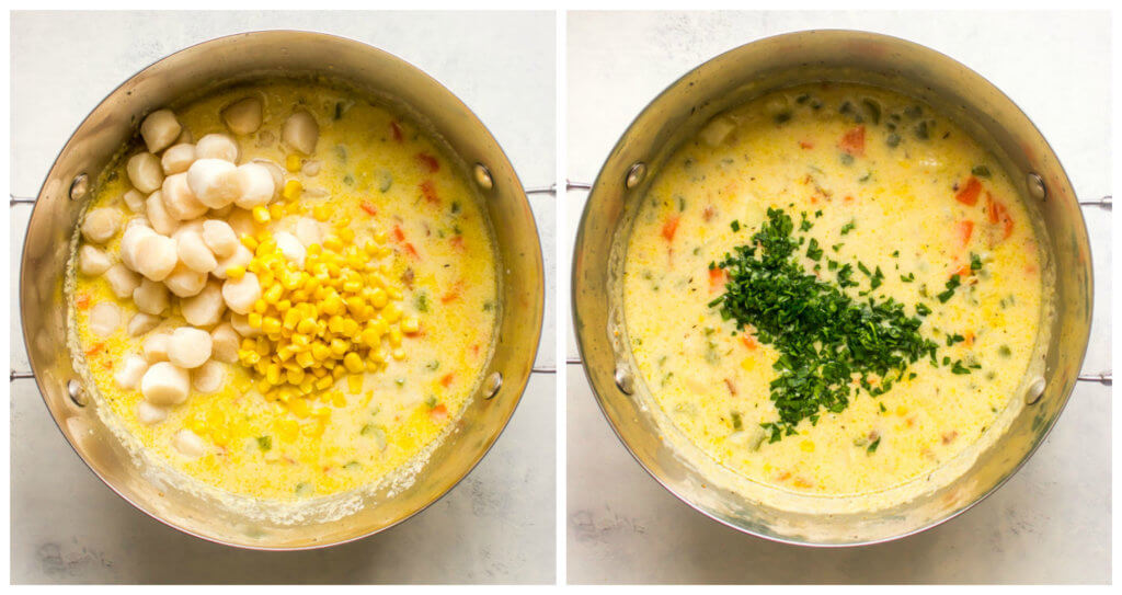 Dutch oven with scallops and chopped parsley