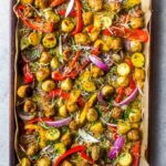 Overhead Italian sausage and peppers recipe in a sheet pan
