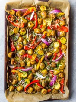 Overhead Italian sausage and peppers recipe in a sheet pan