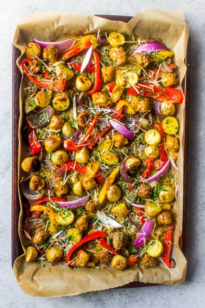 Overhead Italian sausage and peppers recipe in a sheet pan