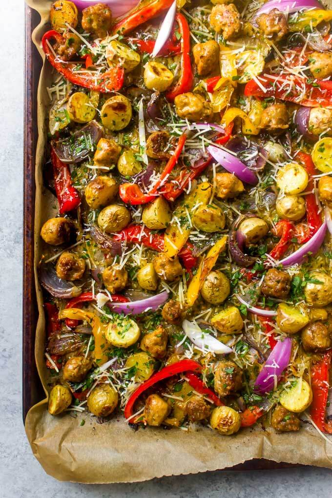 Close up of italian sausage recipe with peppers on a sheet pan