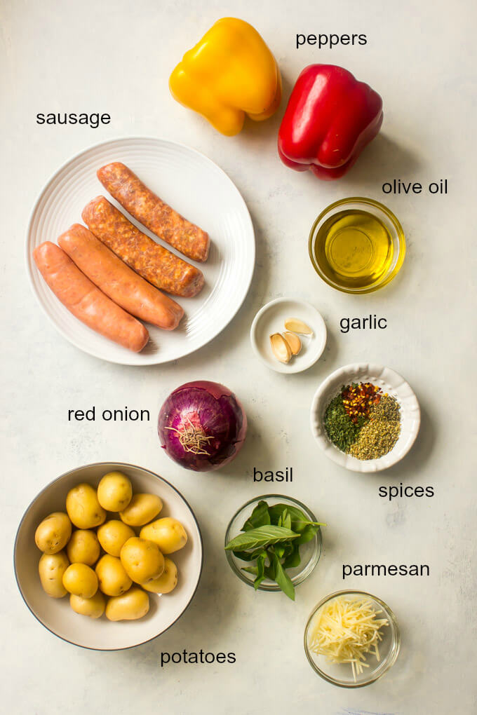 Ingredients for sheet pan sausage and peppers