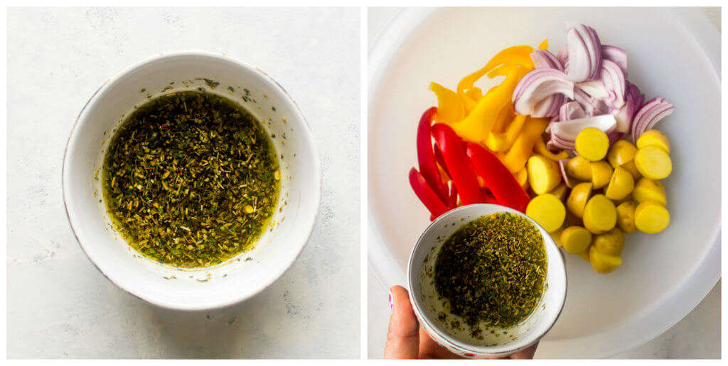 Vegetables in a large bowl with olive herb seasoning