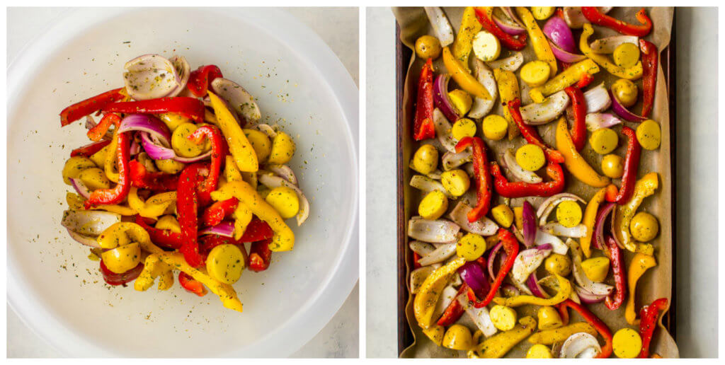 Vegetables in a herb oil mixture on a sheet pan