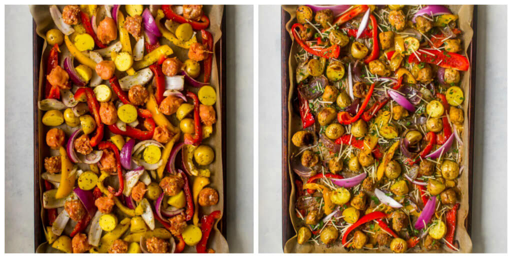 Italian sausage and peppers with fresh herbs on a sheet pan