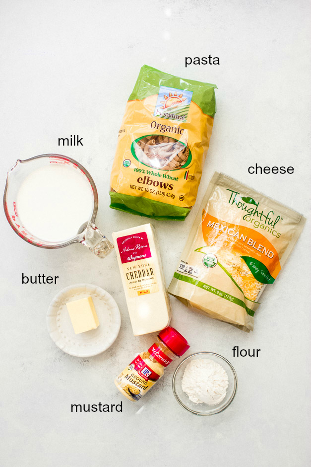 Ingredients for creamy stovetop mac and cheese