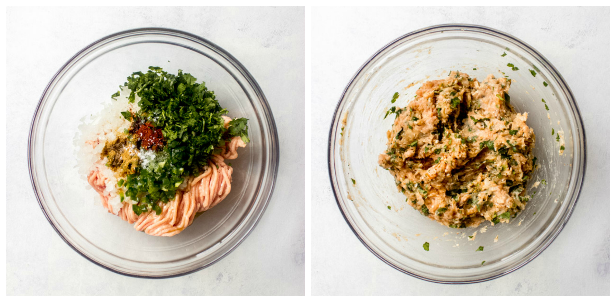 Raw chicken meat mixture in glass bowl.