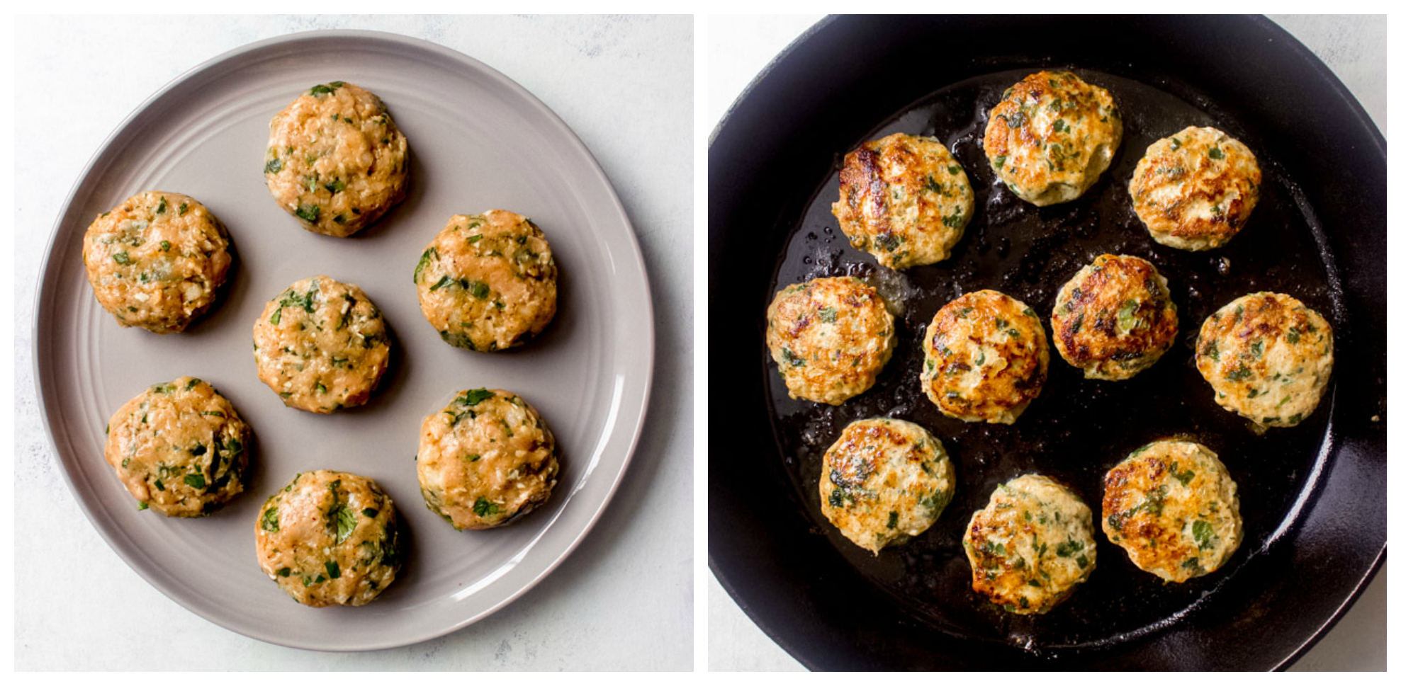 Cooked homemade chicken patties in cast iron skillet