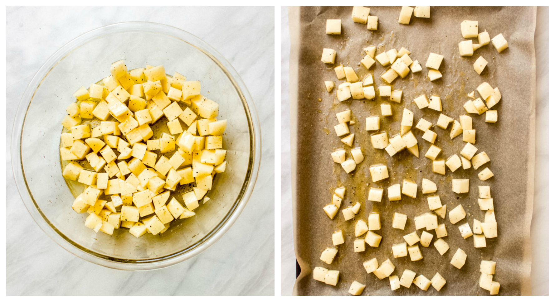 Chopped up raw potatoes on a sheet pan