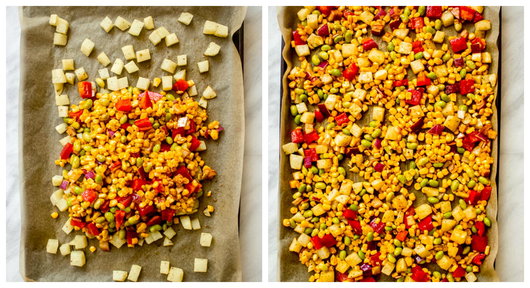 Corn succotash vegetables on a sheet pan