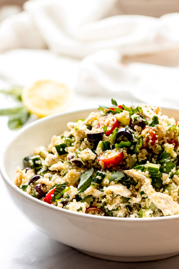 Close up side view chicken and quinoa salad