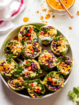 Rice paper rolls with vegetables in white platter