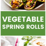 Vertical image with text overlay of close up of rice paper spring rolls