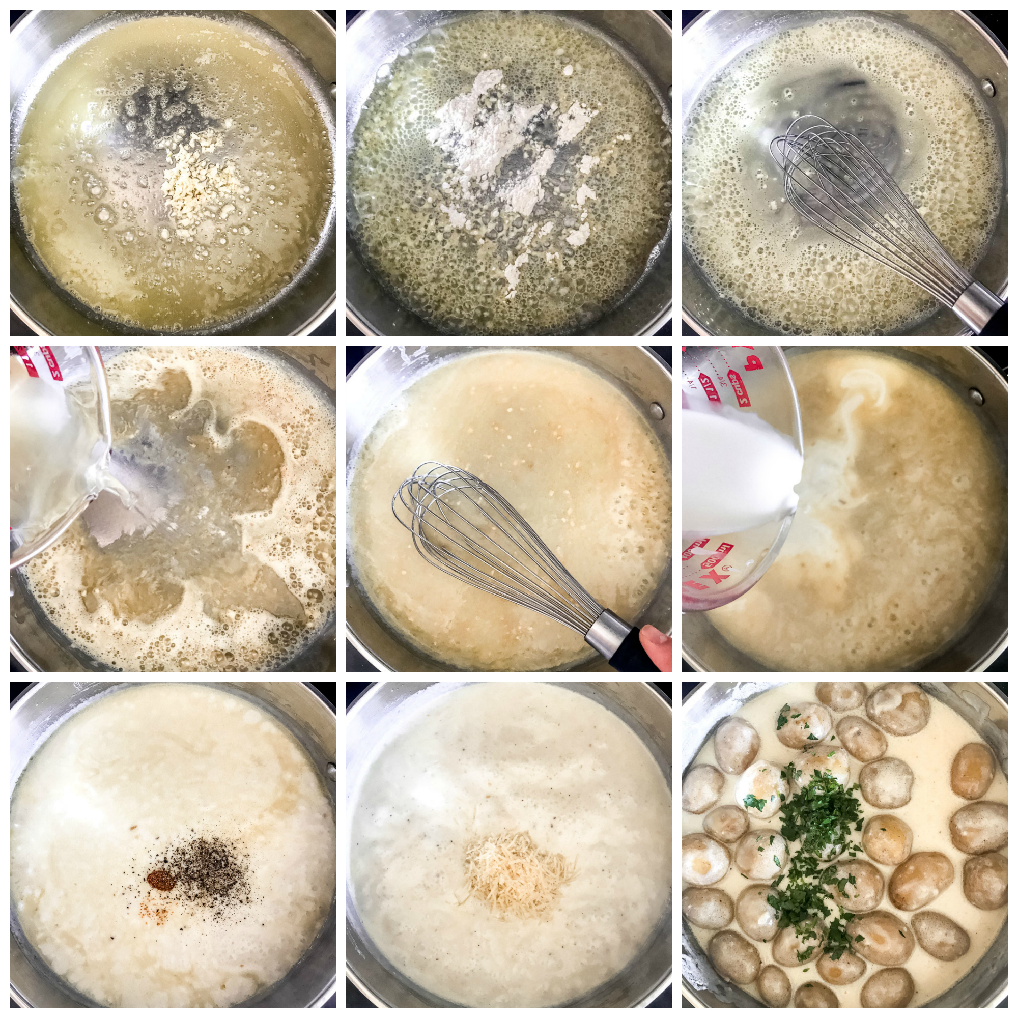 Step by step instruction on how to make garlic parmesan cream sauce with potatoes