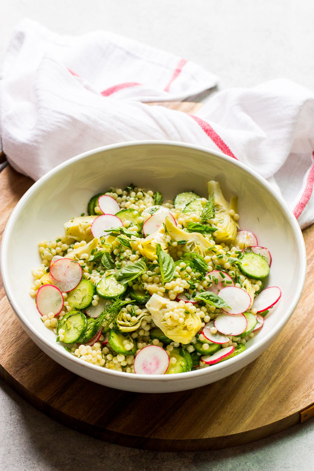 Side view Israeli couscous salad