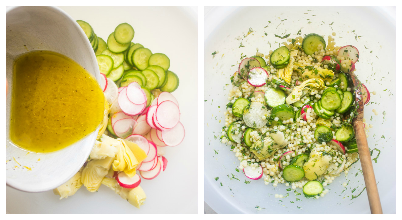 Pearl couscous salad in white bowl with dressing