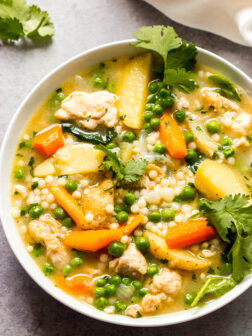 Overhead chicken vegetable stew in white bowl