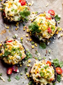 Overhead stuffed portobello mushroom caps