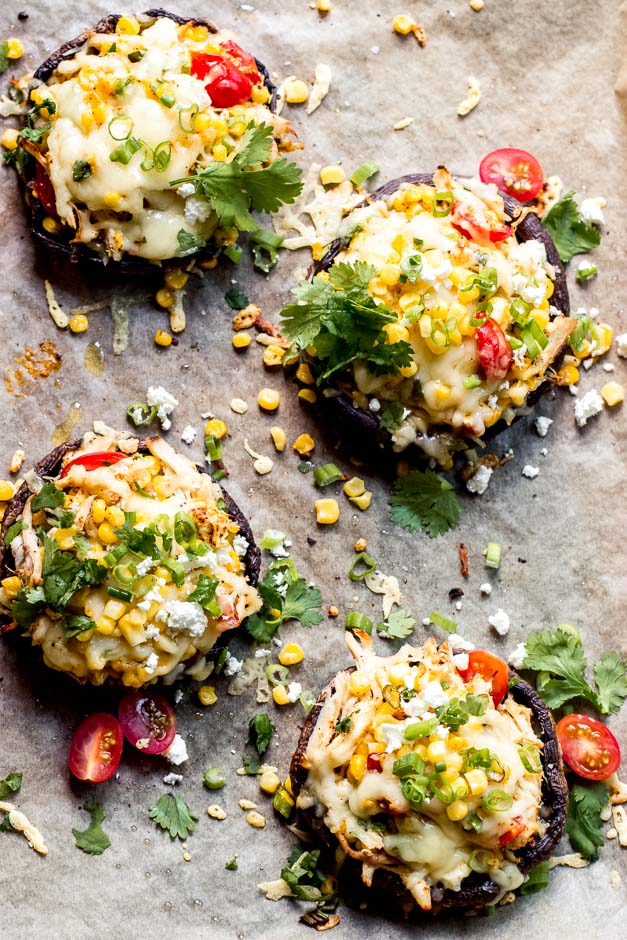 Overhead stuffed portobello mushroom caps