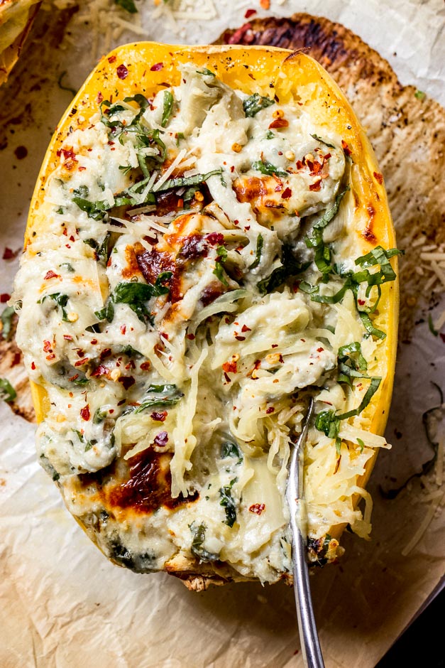 Overhead close up twice baked spaghetti squash with fork