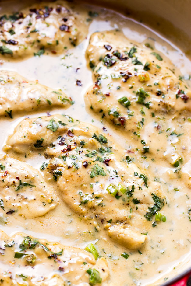 Close up coconut chicken in white cream sauce