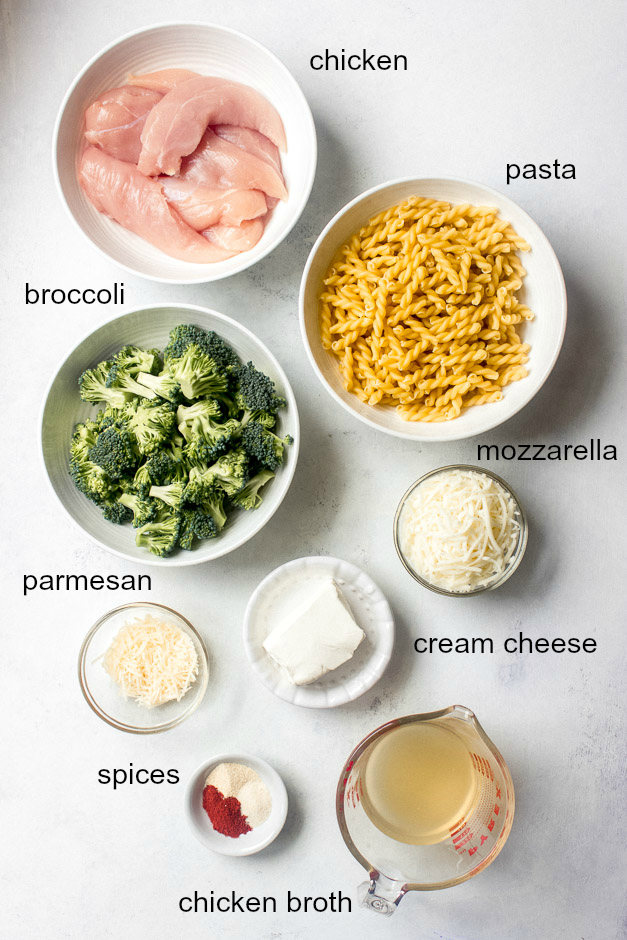 Ingredients for chicken and broccoli pasta