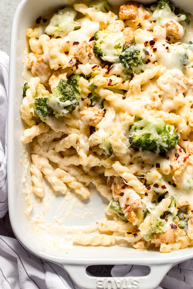 Overhead close up chicken and broccoli bake recipe