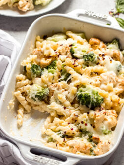 Close up side view chicken broccoli bake