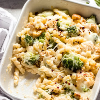 Close up side view chicken broccoli bake