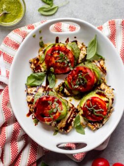 Overhead grilled balsamic chicken recipe on white platter