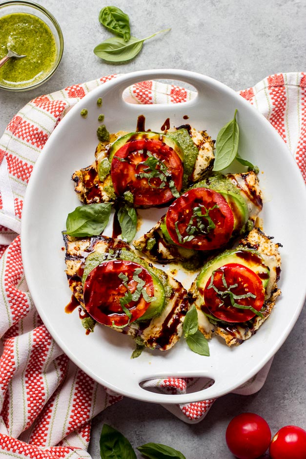 Overhead balsamic grilled chicken breast recipe on white platter