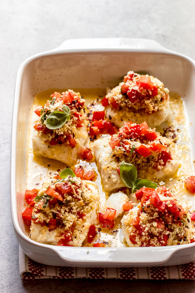 Side view baked cod with panko