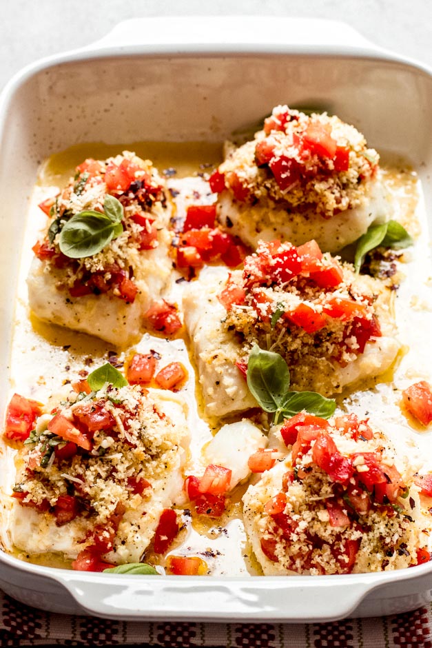 Panko topped baked cod fresh tomato bruschetta