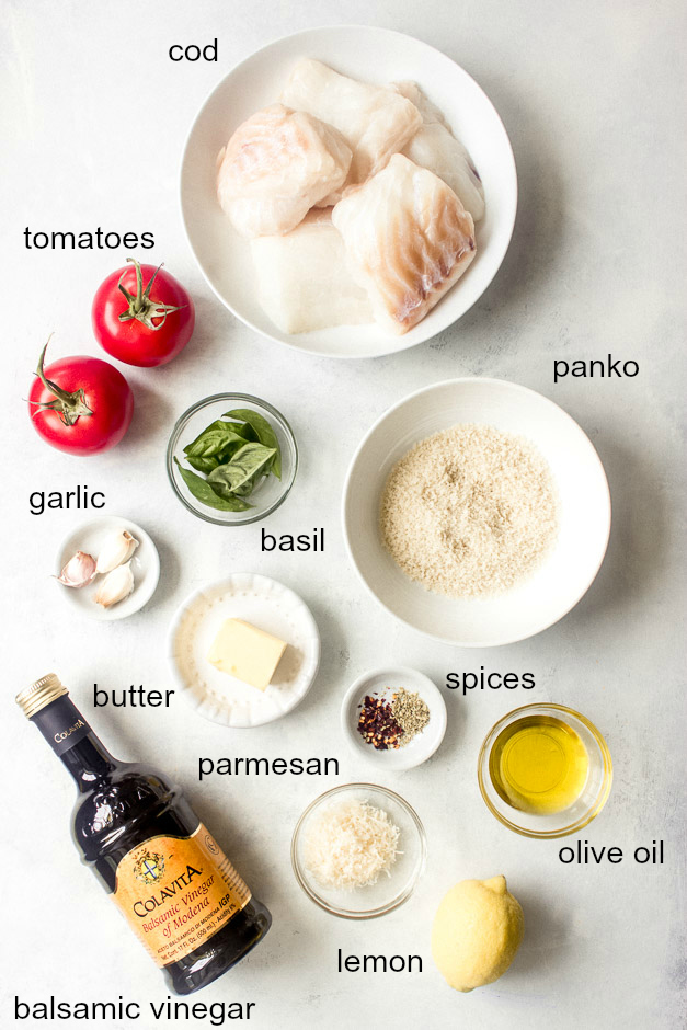 Ingredients for baked cod with panko and parmesan