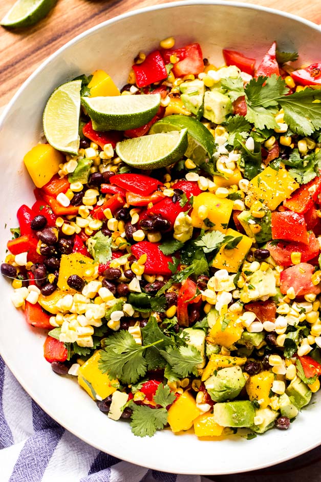 Close up chopped Mexican salad in white bowl