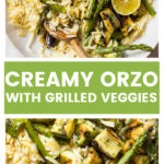 Close up creamy orzo with grilled vegetables