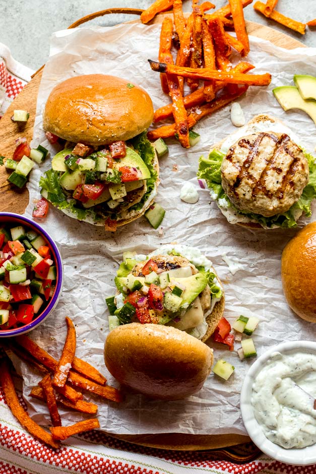 Overhead Mediterranean turkey burgers 