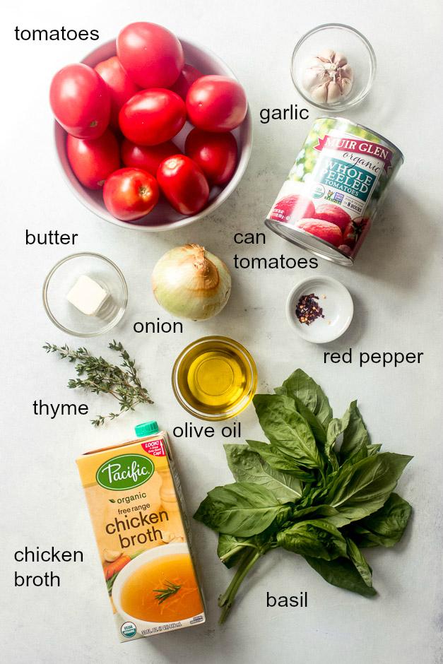 Ingredients for tomato basil soup.