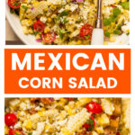 Mexican corn salad with lime dressing in white bowl