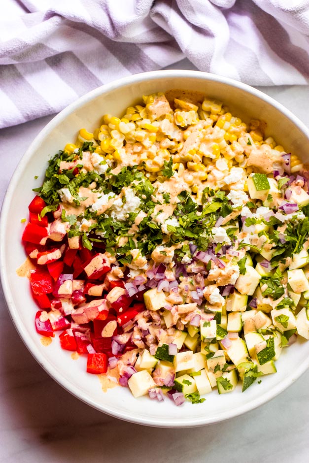 Overhead zucchini corn salad 