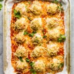 Overhead chicken meatballs with parmesan and garlicky crumbs