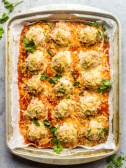 Overhead chicken meatballs with parmesan and garlicky crumbs