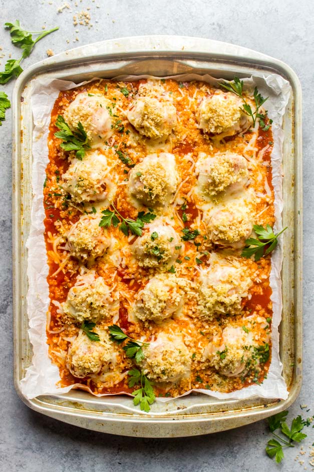 Overhead chicken meatballs with parmesan and garlicky crumbs