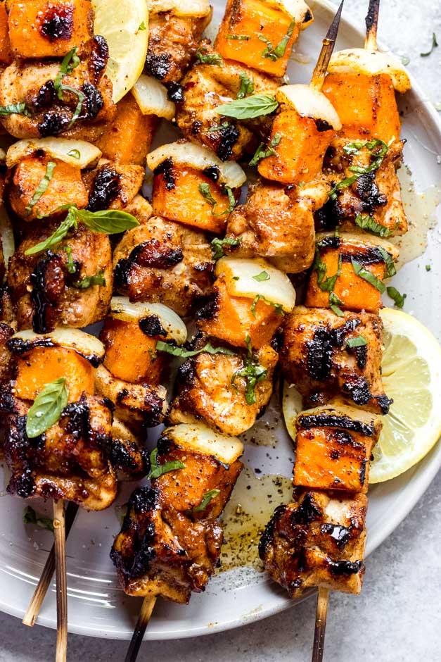 Close up overhead grilled spicy honey chicken kebabs