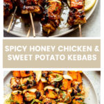 Grilled spicy honey chicken kebabs with sweet potatoes