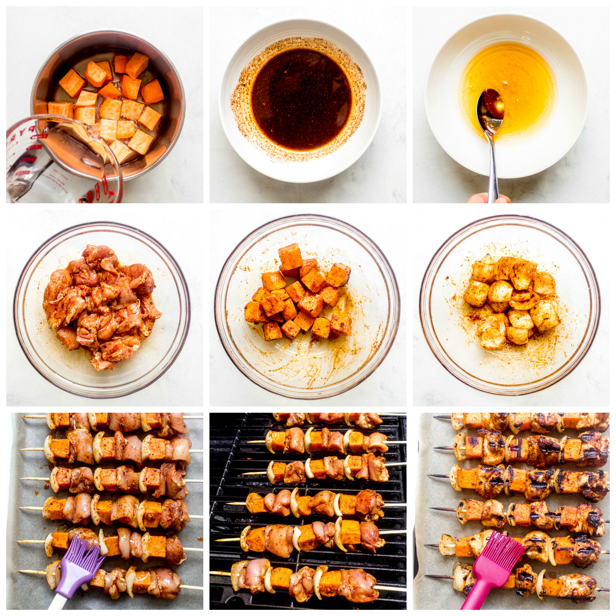 Step by step instructions for spicy honey glazed chicken and sweet potato kebabs